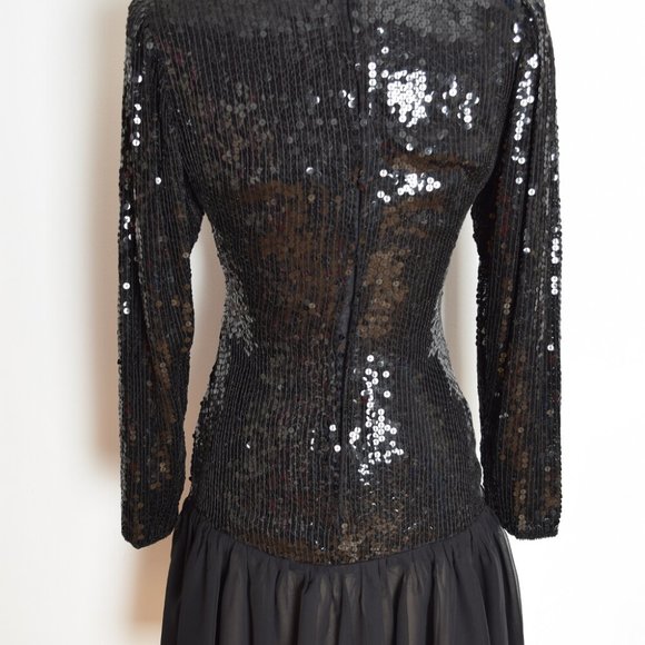 vintage 80s dress black sequin sheer chiffon drop waist prom party cocktail S - Picture 5 of 6